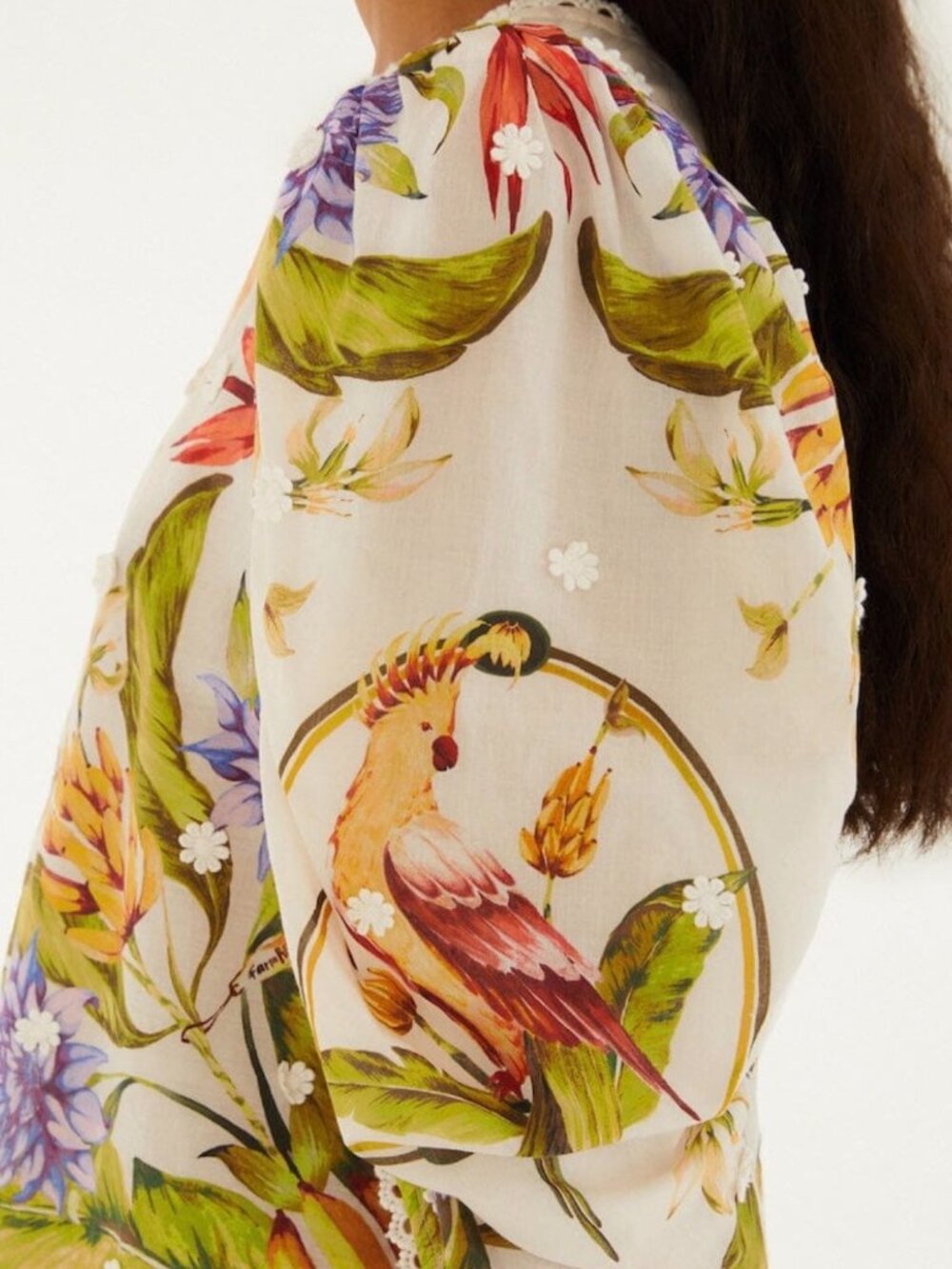 NWT FARM Rio Sand Tropical Scarf Blouse Medium Floral Parrot Puff Sleeves - Picture 4 of 7